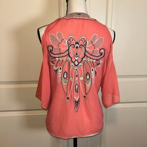 🟢 Unknown Brand Women's Cold Sleeve Front Tie Southwester Embroidered Top Sz. S